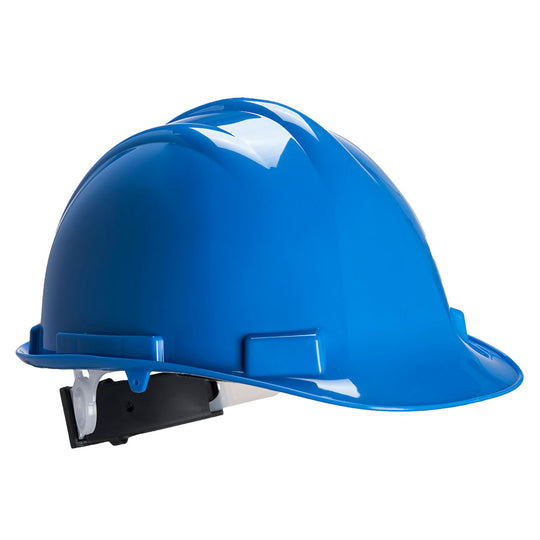 Royal blue safety helmet with adjustable wheel ratchet, designed for head protection on worksites
