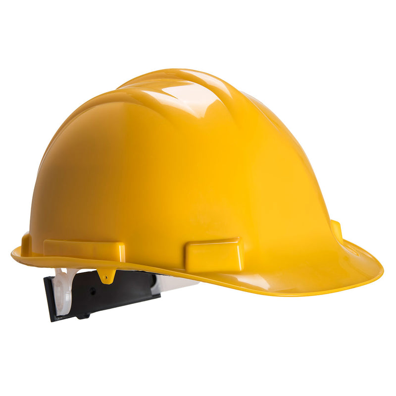 Yellow safety helmet with wheel ratchet adjustment, ideal for industrial safety compliance.