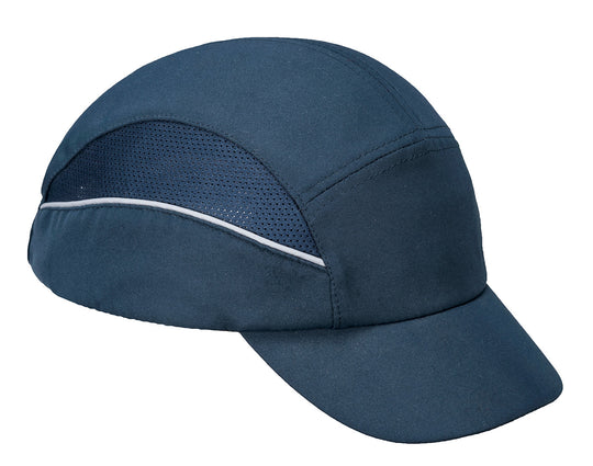 Navy blue bump cap with mesh panels for breathability, suitable for light industrial tasks.