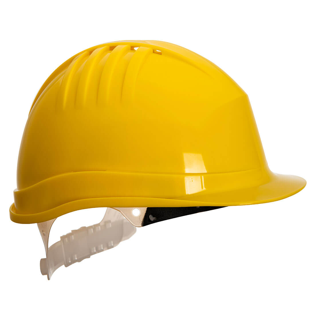 Yellow Portwest Expertline PS60 safety helmet with slip ratchet adjustment.