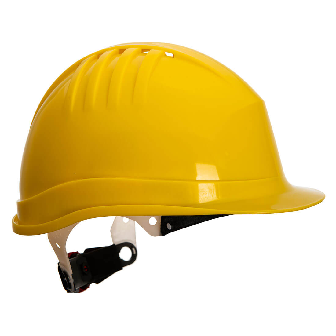 Yellow Portwest Expertline PS62 safety helmet with wheel ratchet.