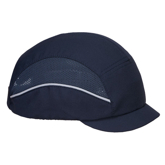 Navy blue micro-peak bump cap with mesh panels, ideal for breathable head protection.