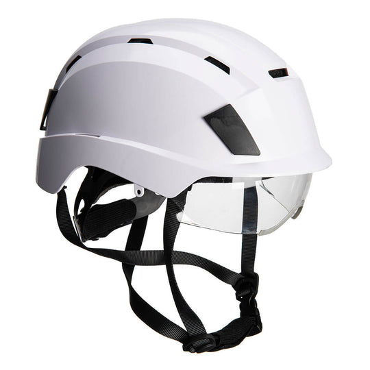 White Portwest PS80 safety helmet with a fully integrated retractable visor.