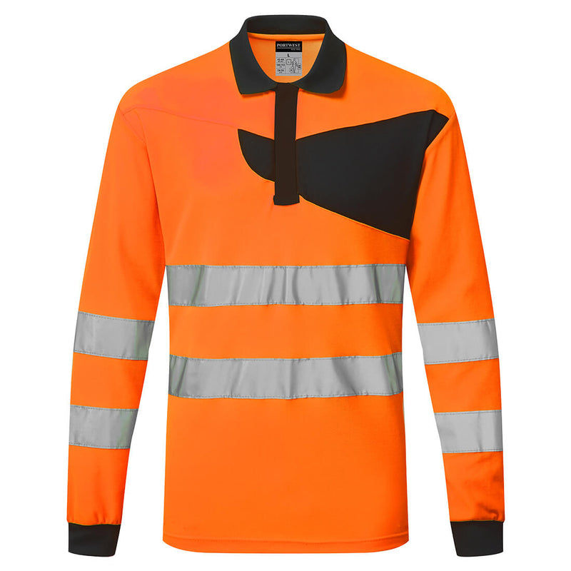 Portwest  Hi-Vis long-sleeved polo shirt in orange and navy.