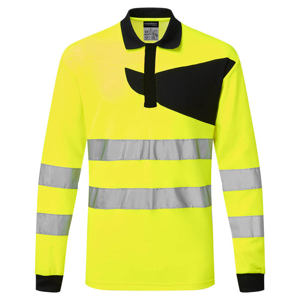 Portwest Hi-Vis long-sleeved polo shirt in yellow and navy.