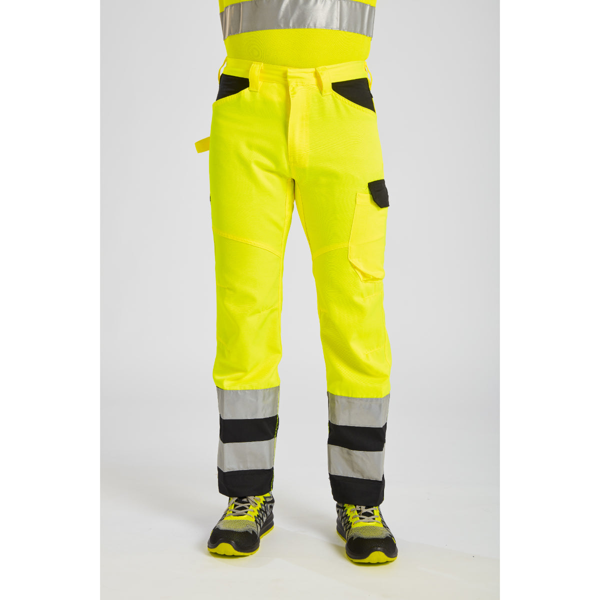 Front view studio shot of the Portwest PW2 Hi-Vis Service Trouser in yellow and navy.