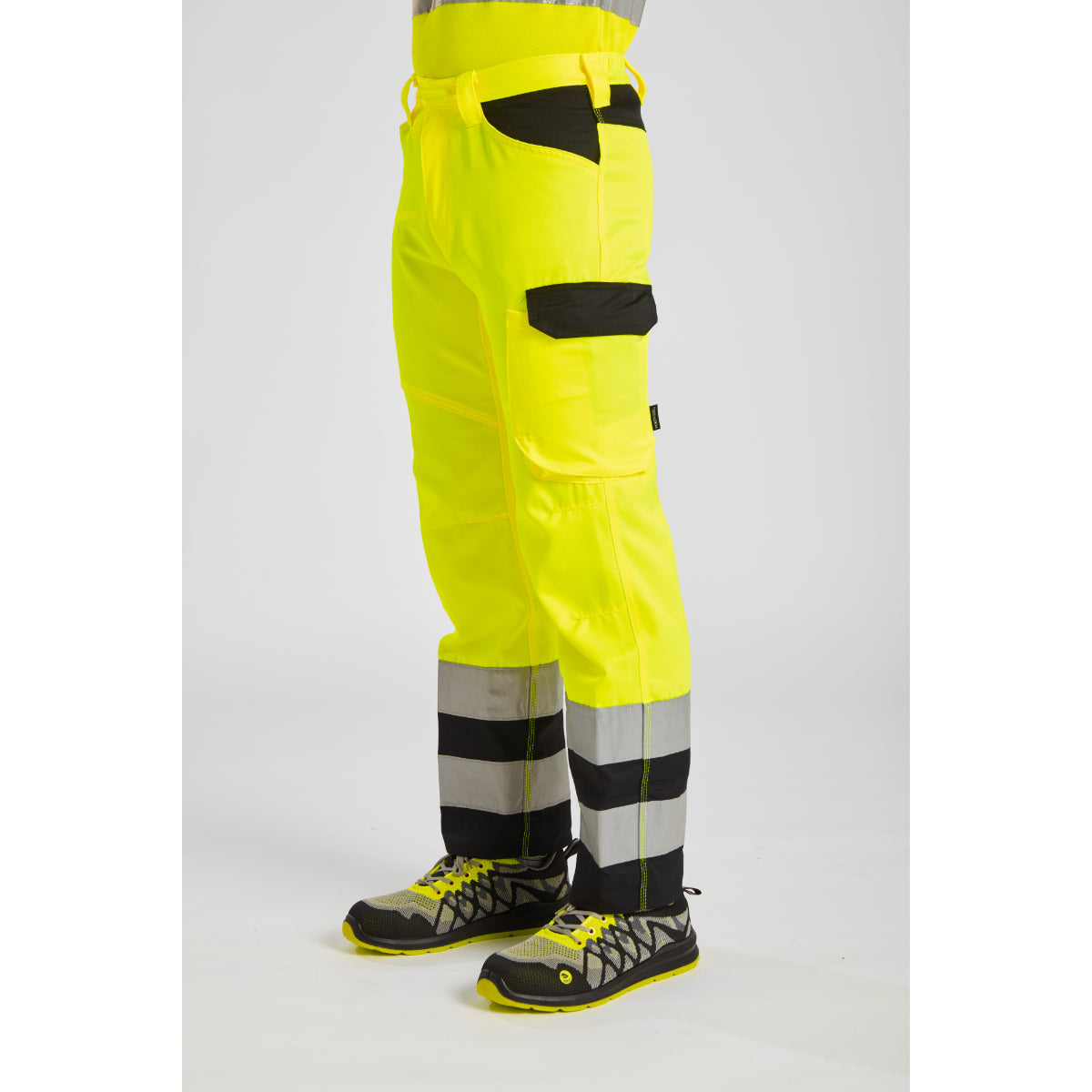 Angled studio shot of the Portwest PW2 Hi-Vis Service Trouser, highlighting the side leg pocket.