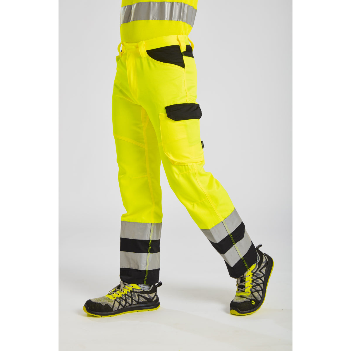 Rear view studio shot of the Portwest PW2 Hi-Vis Service Trouser, showing back pockets and reflective tape.