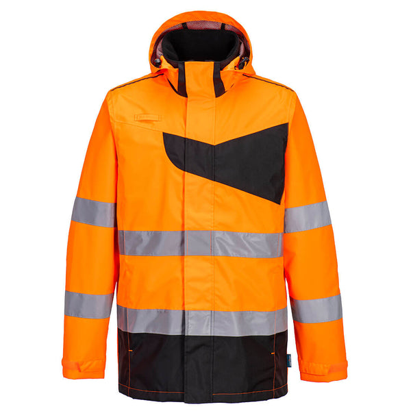 Portwest Hi-Vis Rain Jacket in orange and navy.