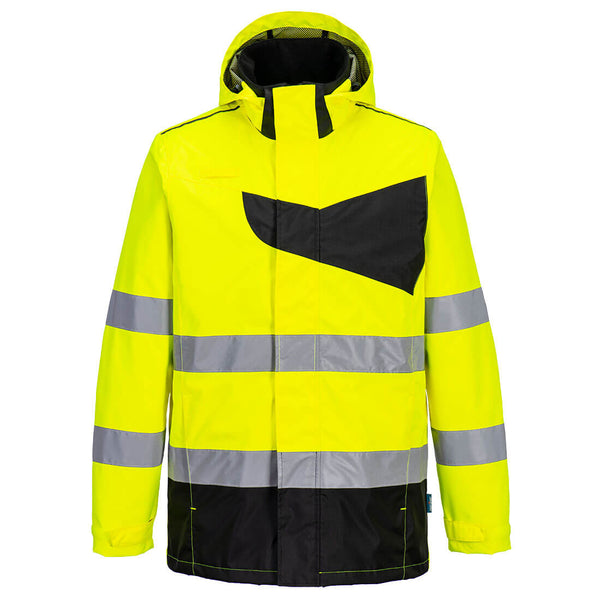 Portwest Hi-Vis Rain Jacket in yellow and navy.