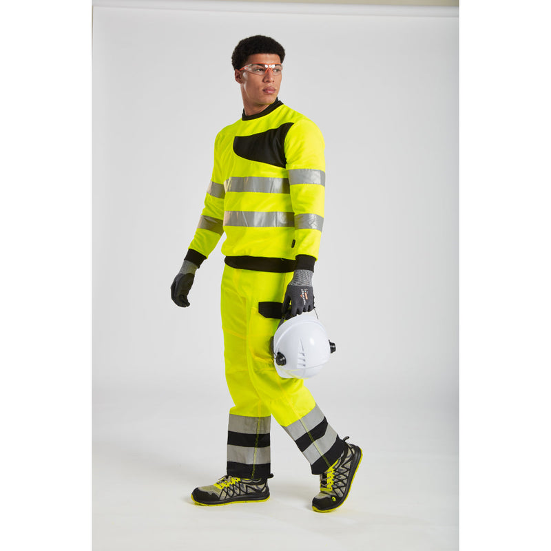 Full workwear outfit with Portwest hi-vis sweatshirt, trousers, safety glasses, and helmet.