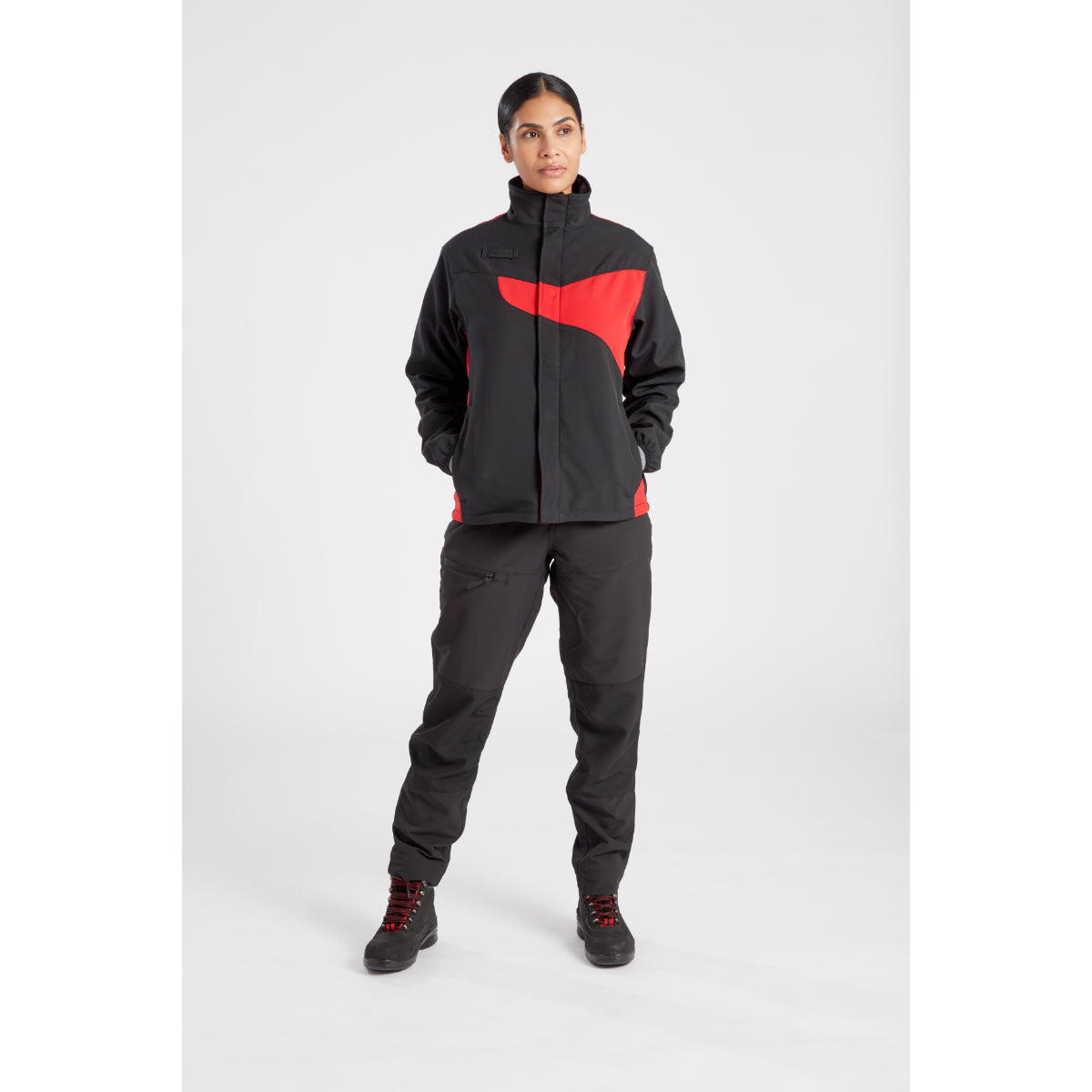 Woman showing the fit of the Portwest Softshell jacket.