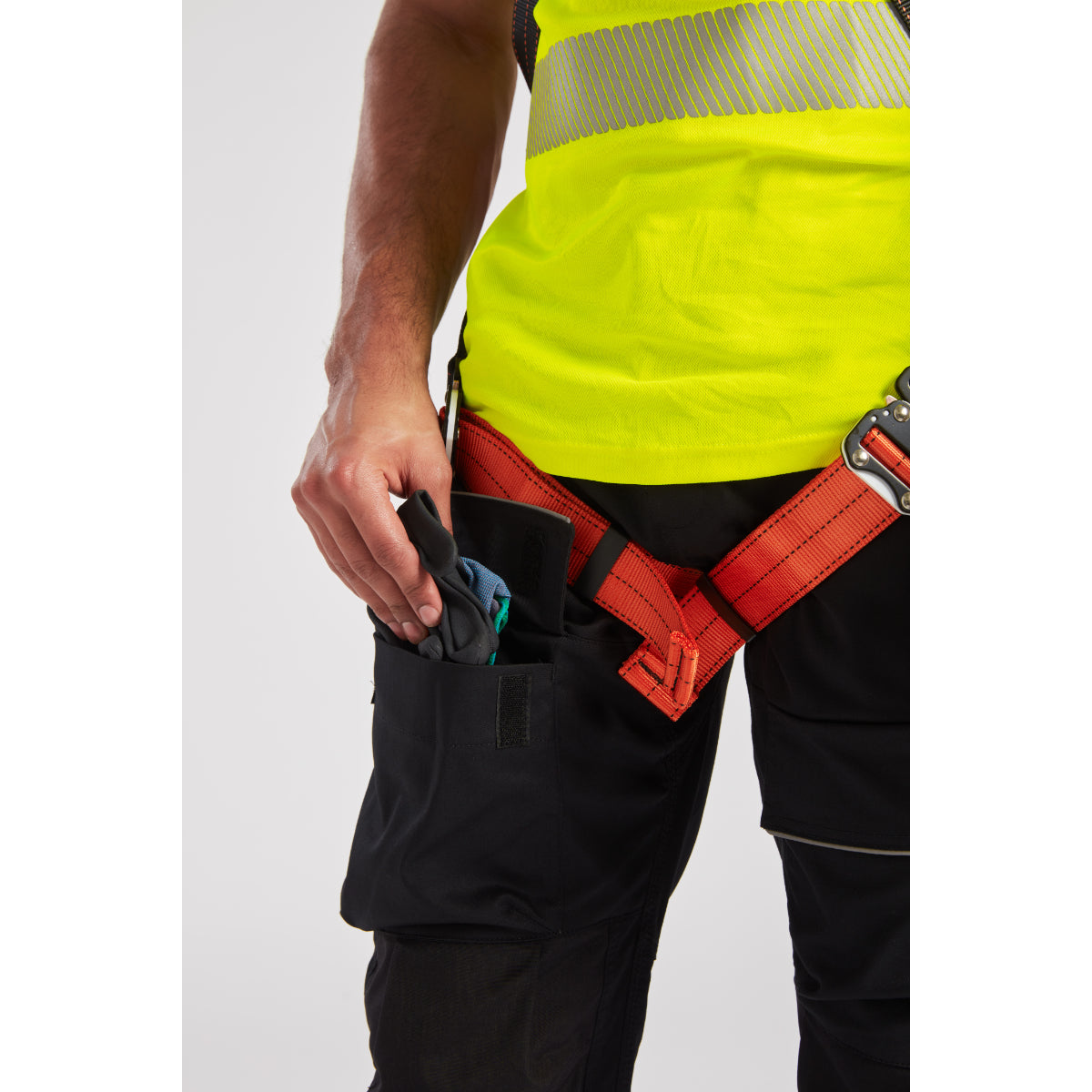 Portwest PW3 harness trousers, highlighting the secure fit