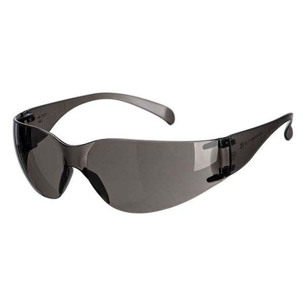Black wraparound safety glasses with smoked lenses and curved arms for eye protection in industrial settings