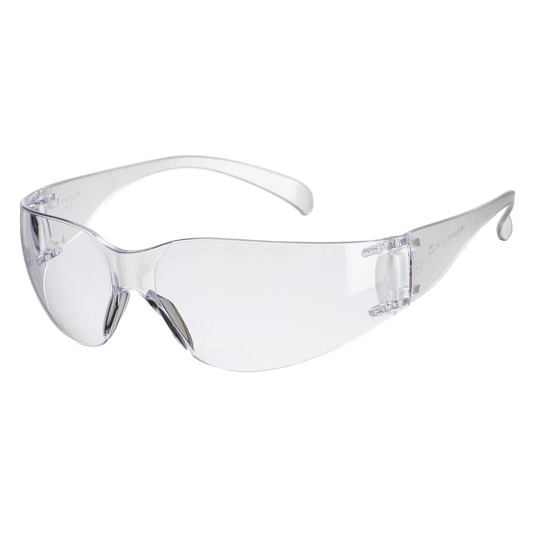 Clear wraparound safety glasses with transparent lenses and ergonomic arms for eye protection in work environments