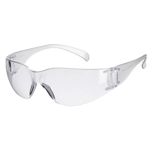 Clear wraparound safety glasses with transparent lenses and ergonomic arms for eye protection in work environments