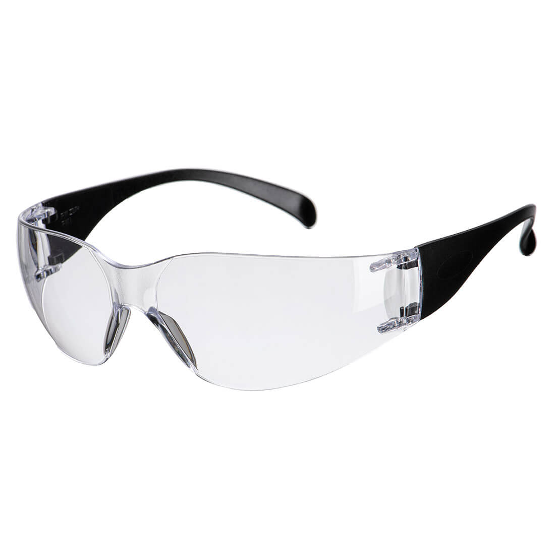 Clear safety glasses with transparent lenses and black wraparound arms for industrial eye protection
