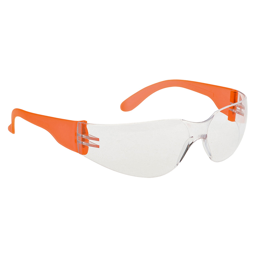 Clear safety glasses with transparent lenses and bright orange wraparound arms for protective eyewear use