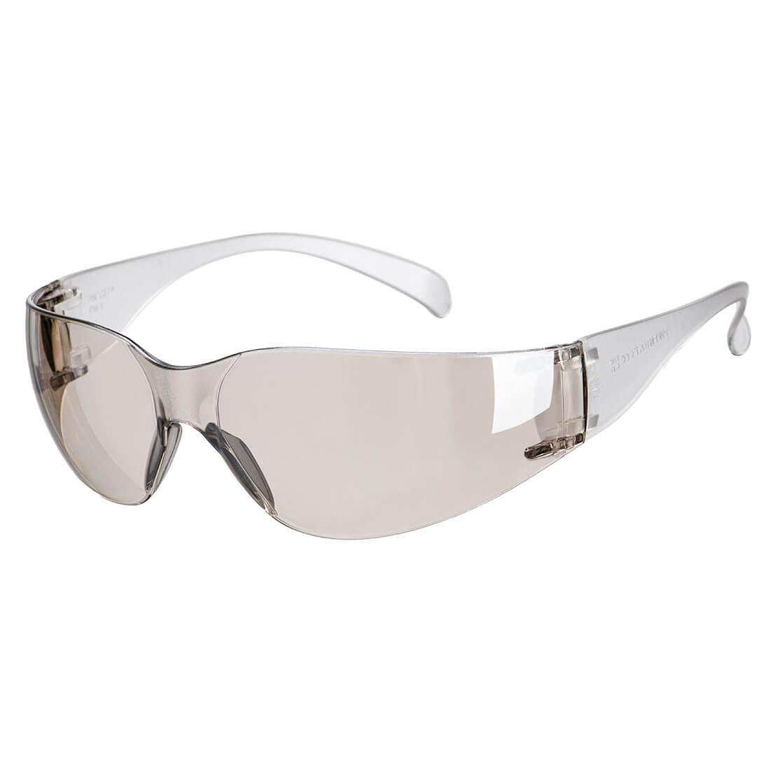 Tinted safety glasses with light smoke lenses and clear wraparound arms for industrial and outdoor eye protection
