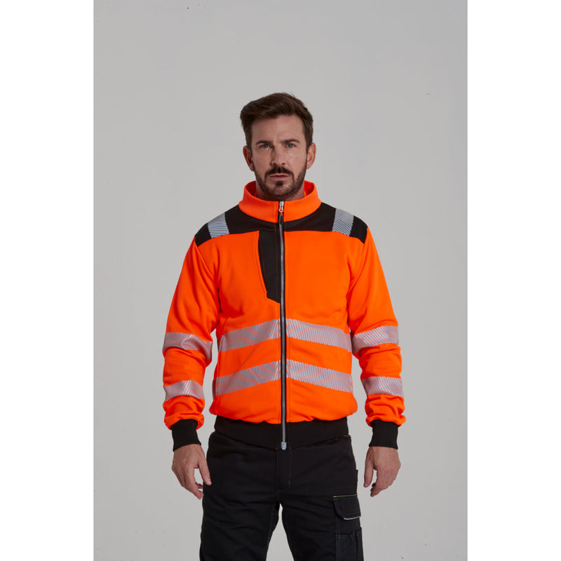 Side view of a model wearing the Portwest PW3 hi-vis sweatshirt.
