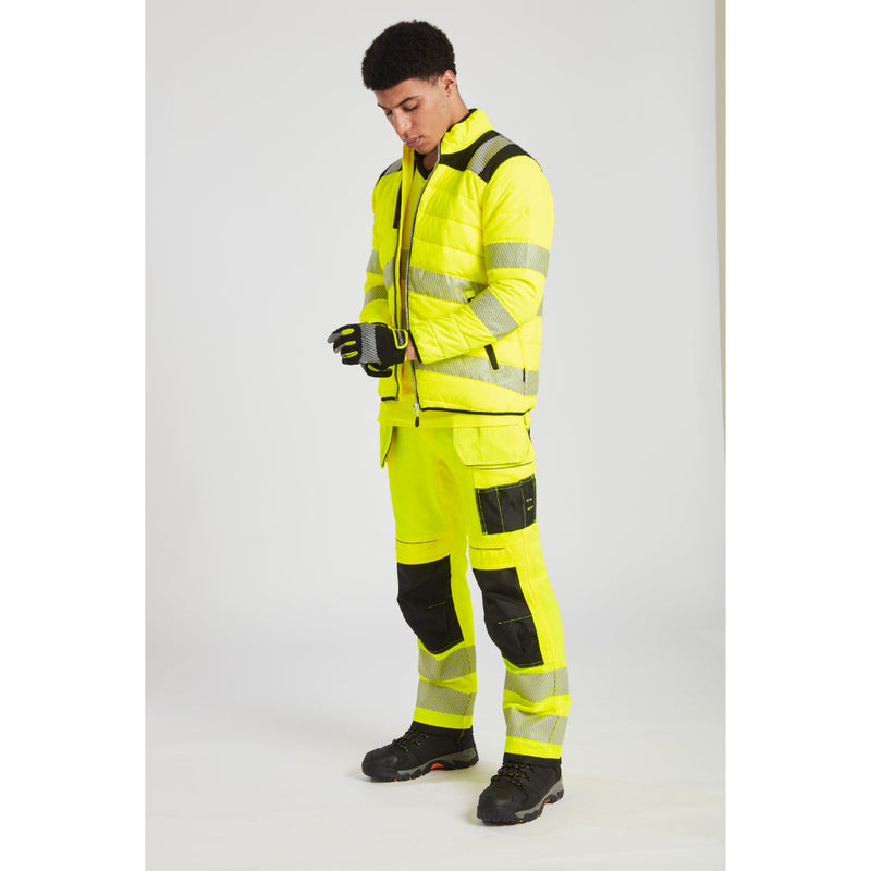 Detailed view of the contrast fabric on the T501 hi-vis trousers.