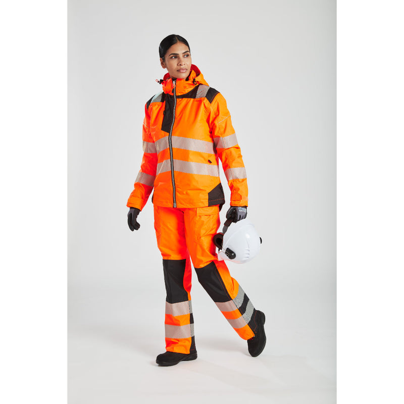 Back view of the orange Portwest PW3 Hi-Vis Women's Winter Jacket, as worn by a model.
