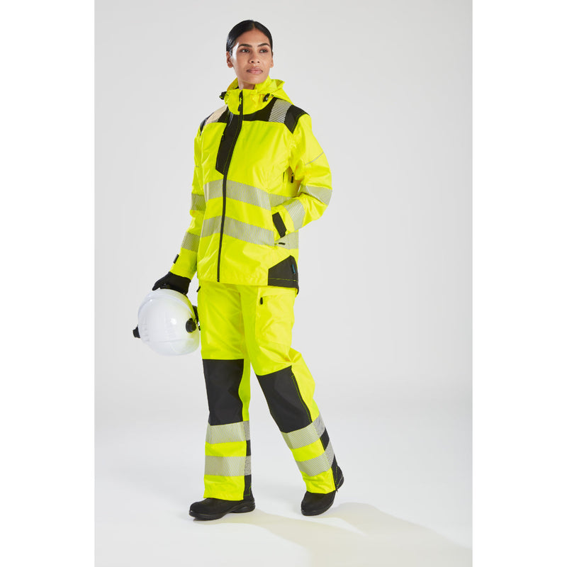 Detailed view of the waterproof fabric and side pocket of the yellow Portwest PW3 jacket.
