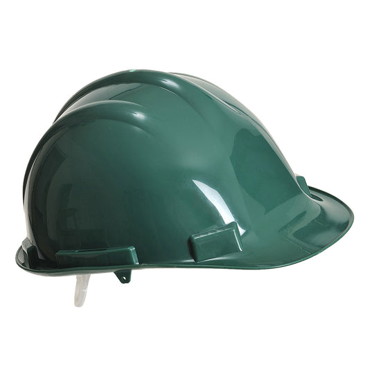 A standard green Portwest Expertbase Safety Helmet (PW50) with harness.