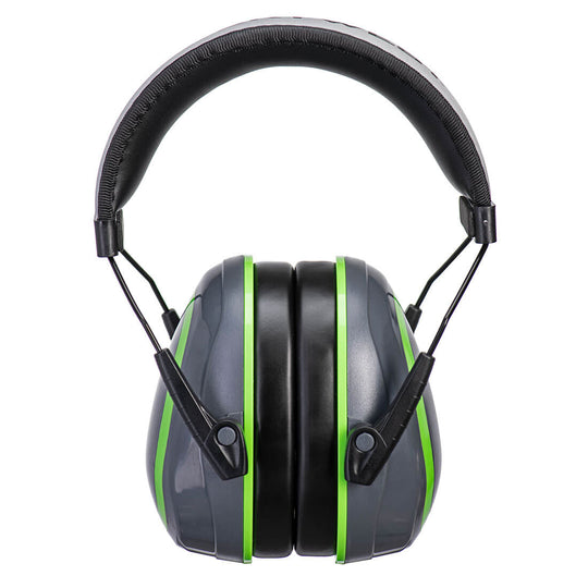 Green and black Portwest HV Extreme PW72 low attenuation ear defenders.