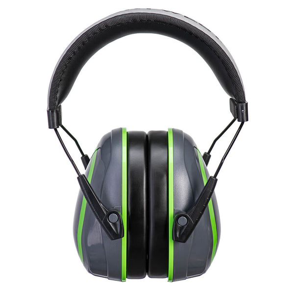 Green and black Portwest HV Extreme PW72 low attenuation ear defenders.