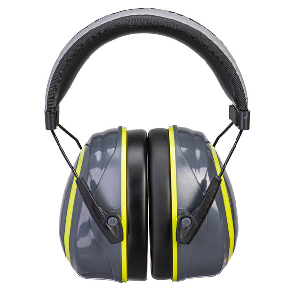 Yellow and grey Portwest HV Extreme PW73 medium attenuation ear defenders.
