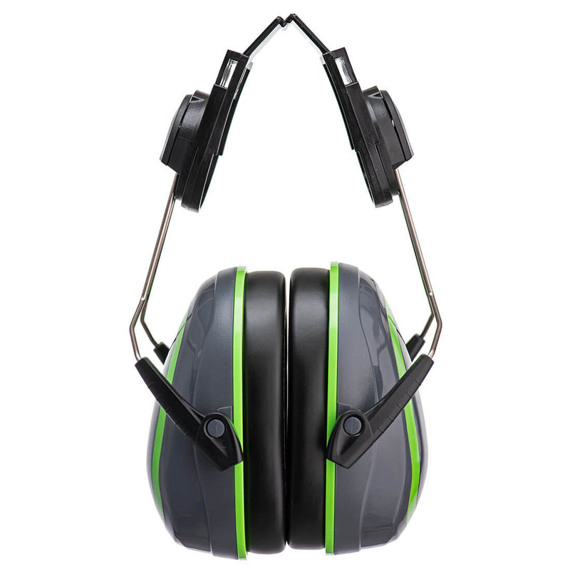 Green and black Portwest HV Extreme PW75 low attenuation clip-on ear defenders.