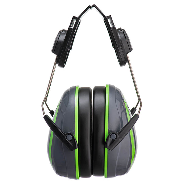 Green and black Portwest HV Extreme PW75 low attenuation clip-on ear defenders.