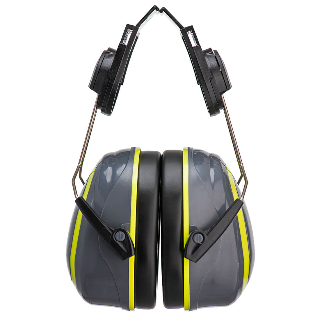 Yellow and grey Portwest HV Extreme PW76 medium attenuation clip-on ear defenders.