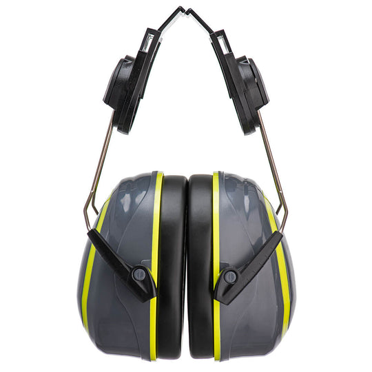 Yellow and grey Portwest HV Extreme PW76 medium attenuation clip-on ear defenders.