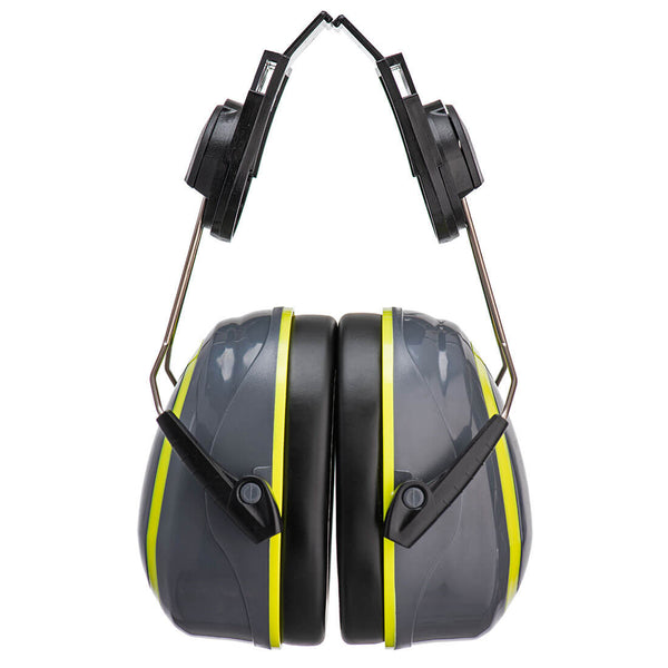 Yellow and grey Portwest HV Extreme PW76 medium attenuation clip-on ear defenders.