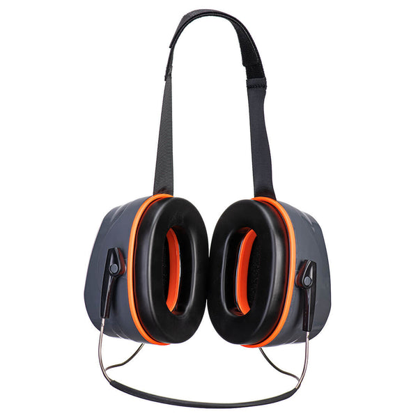 Orange and grey Portwest HV Extreme PW78 neckband ear defenders.