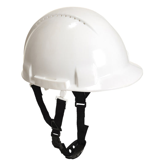 A white Portwest Monterosa safety helmet (PW97) with no peak for better vertical vision.