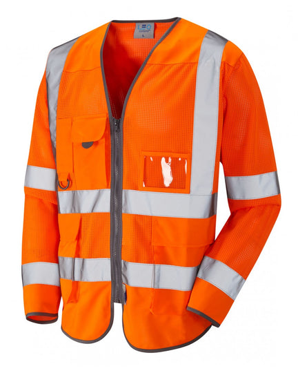 Leo Workwear Burrington Coolviz sleeved waistcoat in hi-vis orange.
