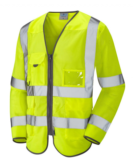Hi-vis yellow Leo Workwear Burrington Coolviz sleeved waistcoat.