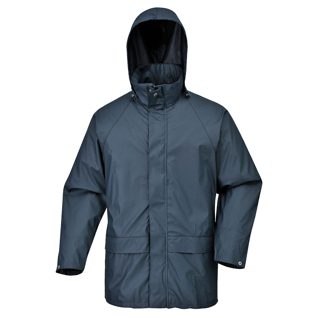 Navy waterproof rain jacket with adjustable hood, storm flap and front patch pockets