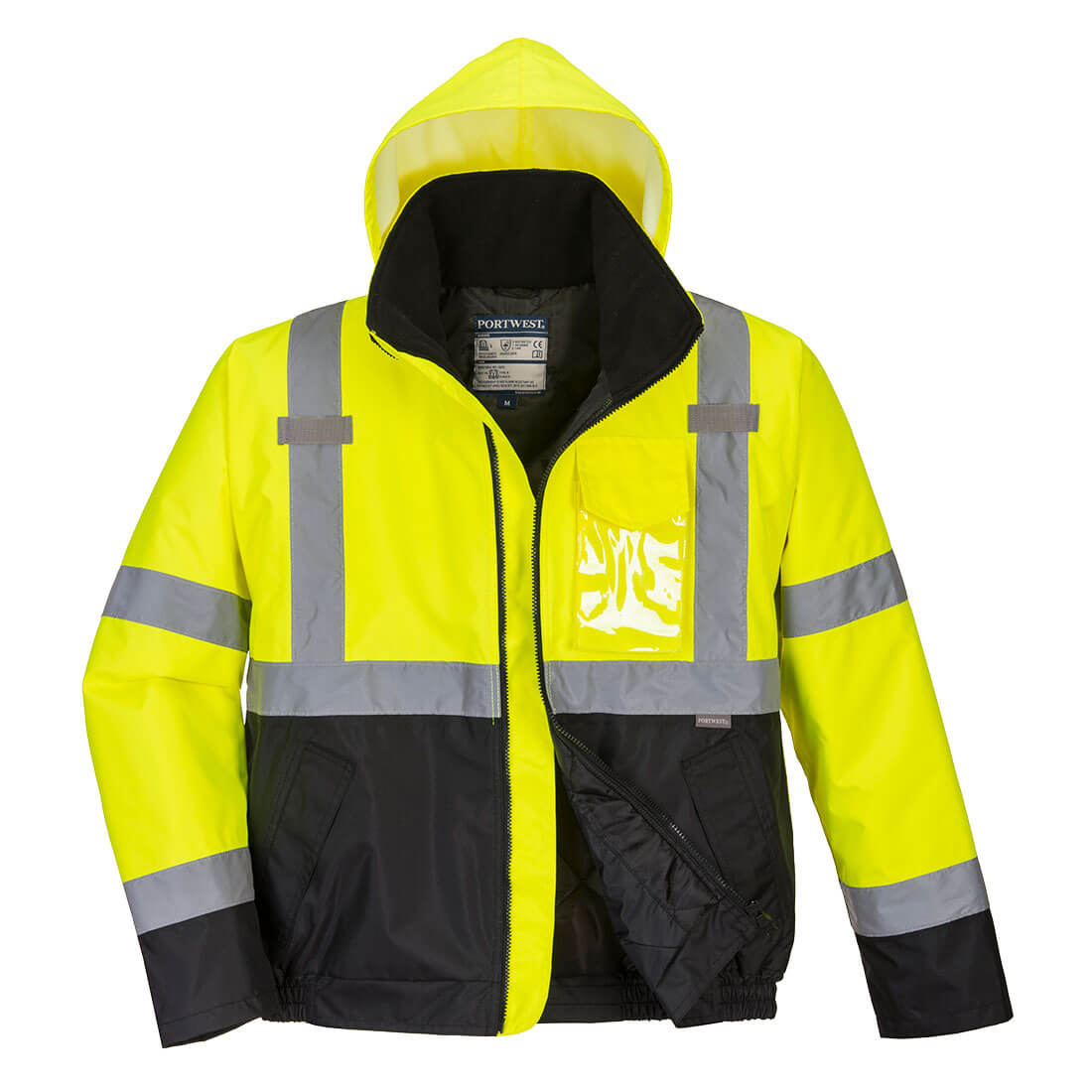 Yellow and blue high-visibility work jacket with zip closure and taped seams