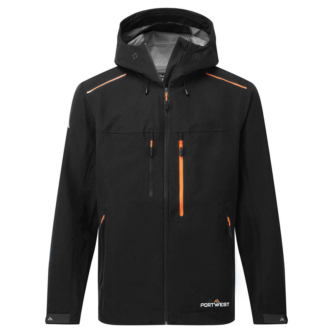 Black Portwest S385 shell rain jacket with pack-away hood, reflective tape and taped seams for waterproof protection extrabis.