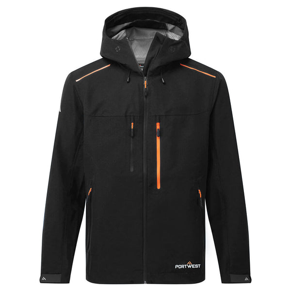 Black Portwest S385 shell rain jacket with pack-away hood, reflective tape and taped seams for waterproof protection extrabis.