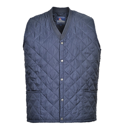 Navy quilted bodywarmer vest with snap-front closure and dual front patch pockets