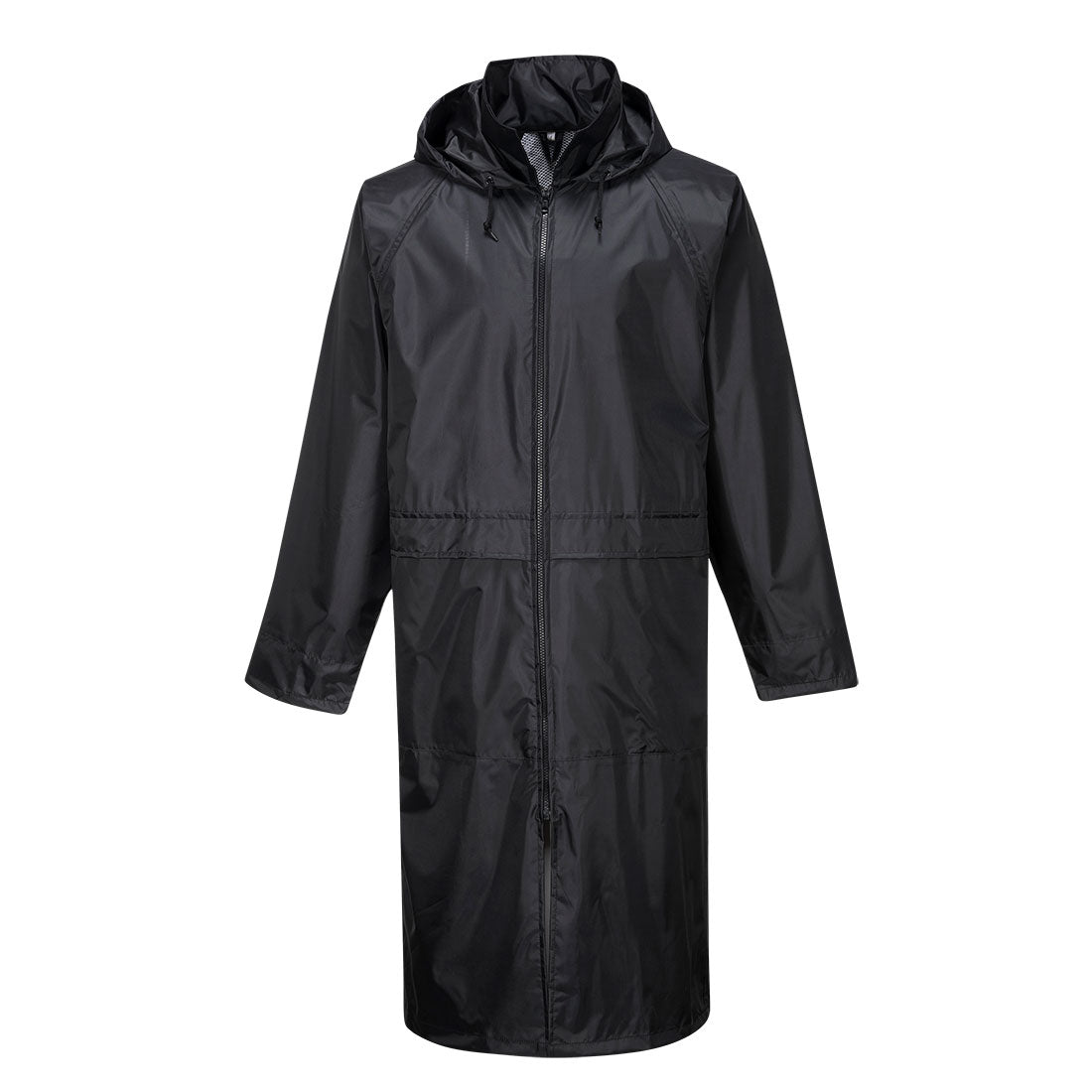 Black Portwest S438 classic PVC-coated raincoat with pack-away hood, back vent and front pockets