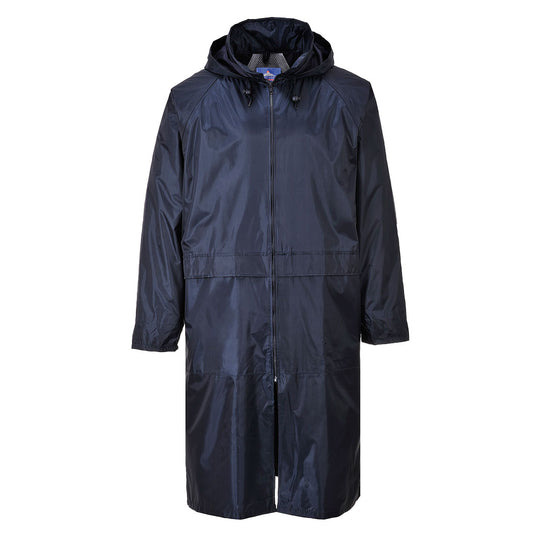 Navy Portwest S438 classic PVC-coated raincoat with pack-away hood, back vent and front pockets