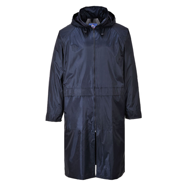 Navy Portwest S438 classic PVC-coated raincoat with pack-away hood, back vent and front pockets