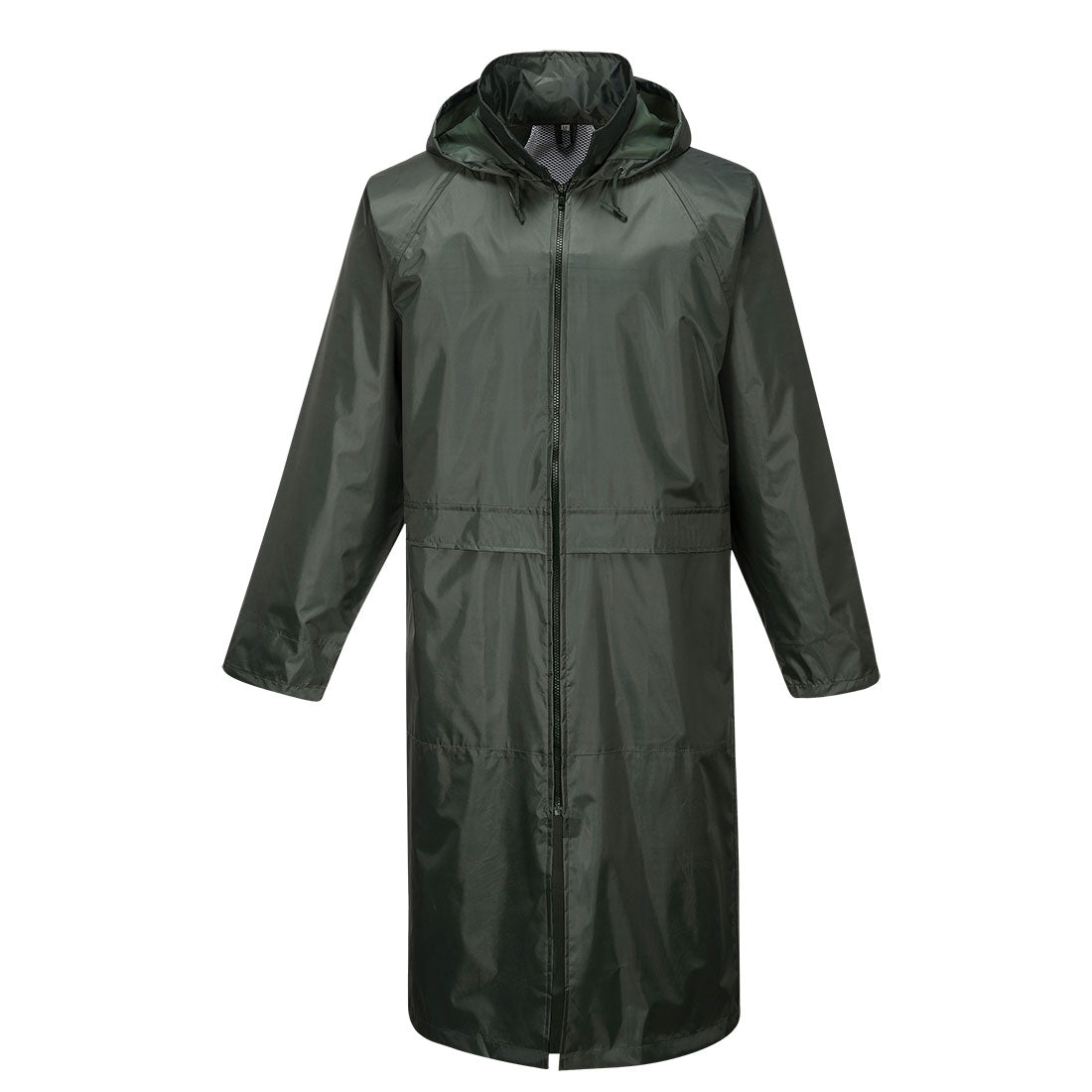 Side view of orange Portwest S438 classic raincoat showing sealed seams, back vent and stowed hood
