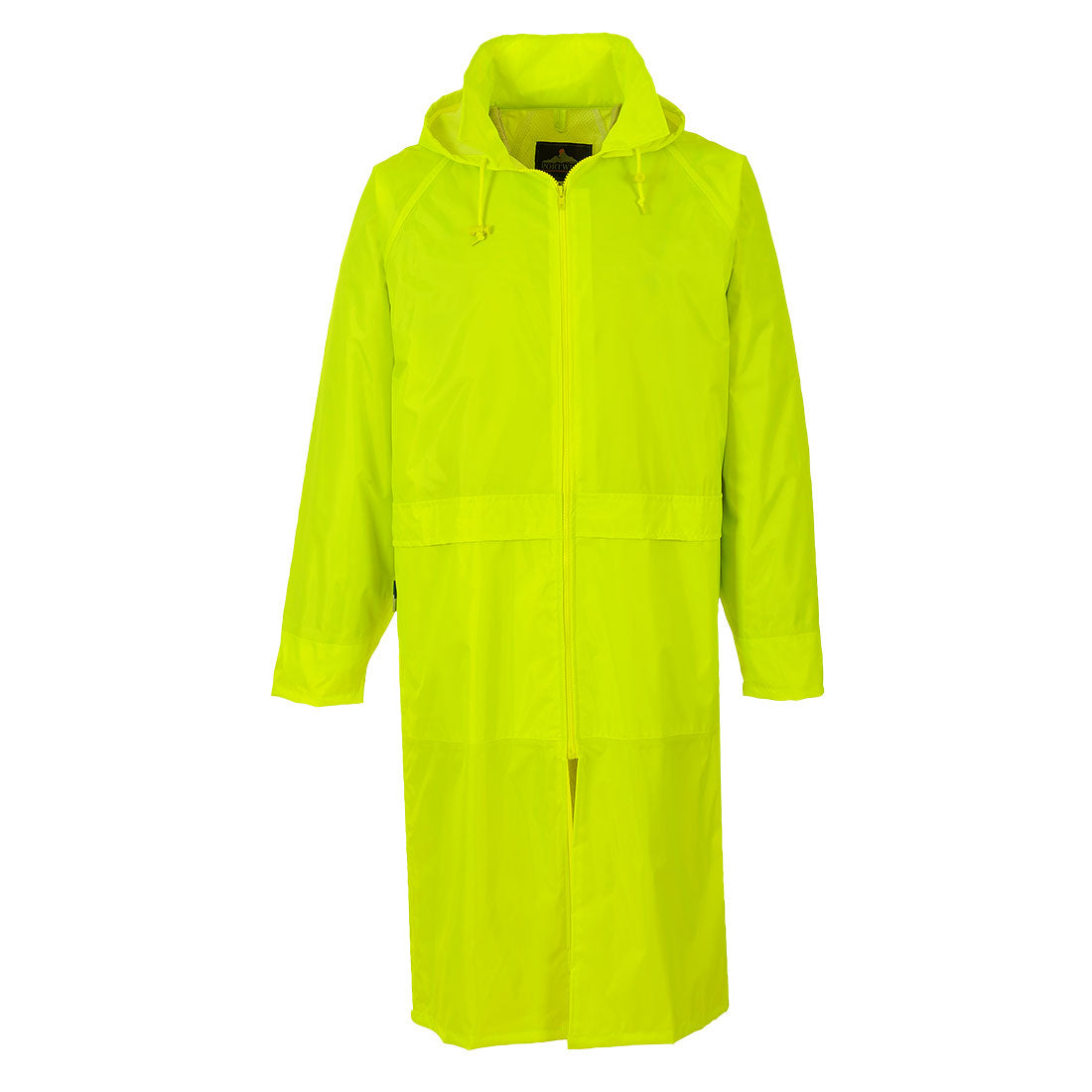 Hi-vis yellow Portwest S438 classic PVC-coated raincoat with pack-away hood, sealed seams and back vent